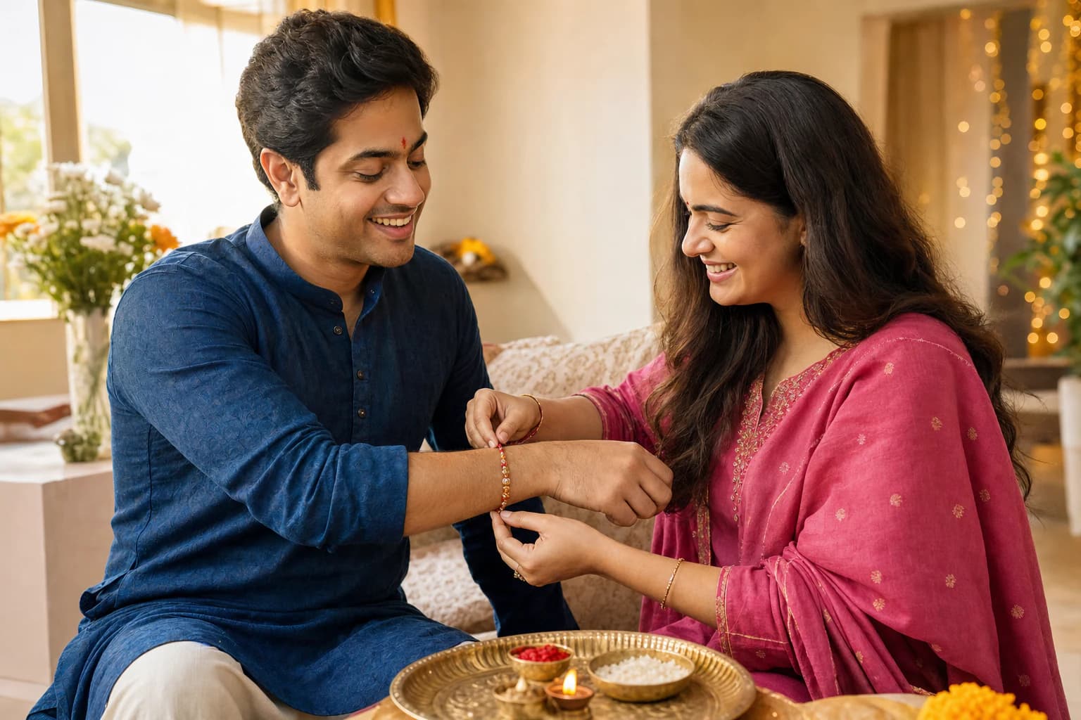 A sister tying a rakhi on her brother’s wrist