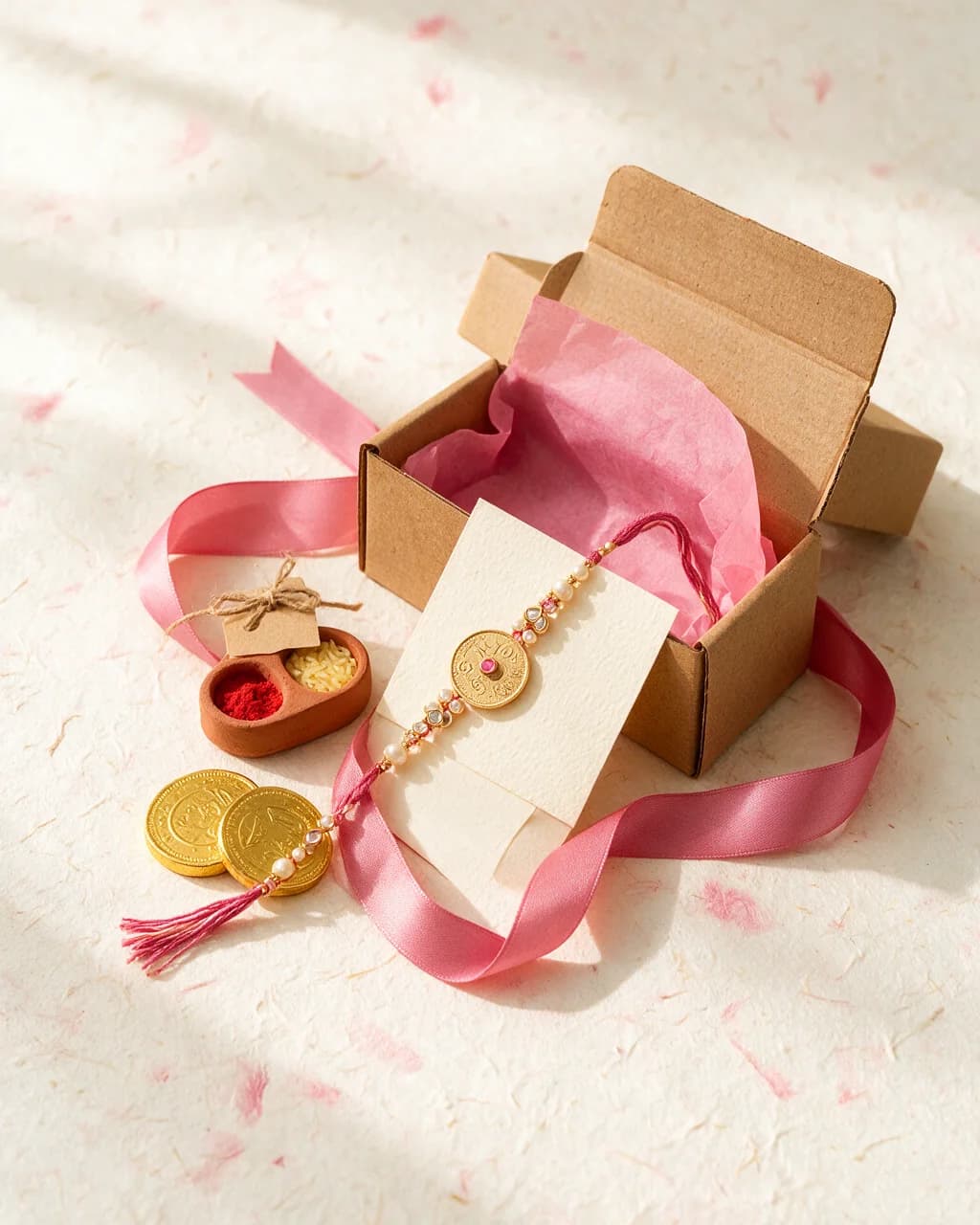 Rakhi Post gift box with a rakhi, roli-chawal kit and chocolate coins